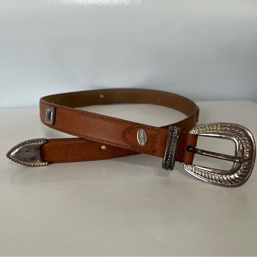 Vtg Sterling Collection Brown Italian Leather Silver Concho Belt 1996